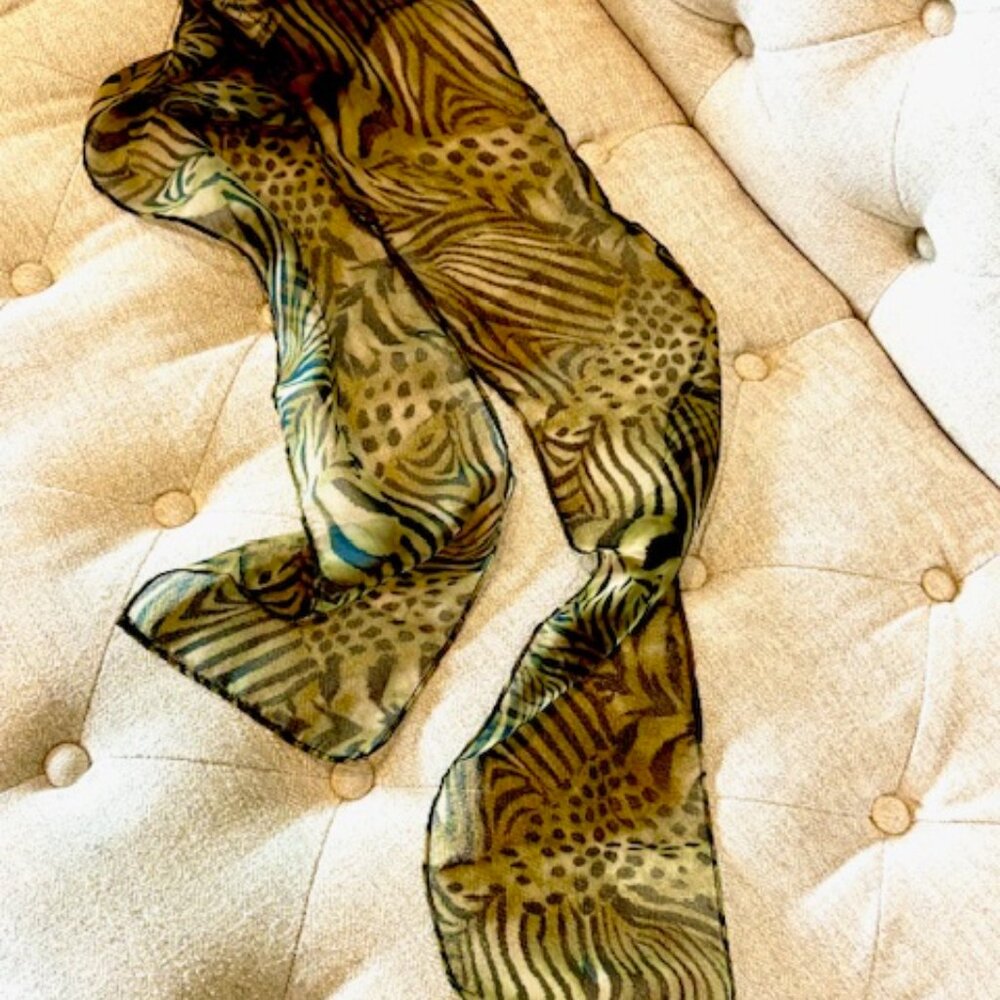 Olive & Black Zebra Print poly-chiffon Scarf - 58" X 5.5" - Picture 2 of 4